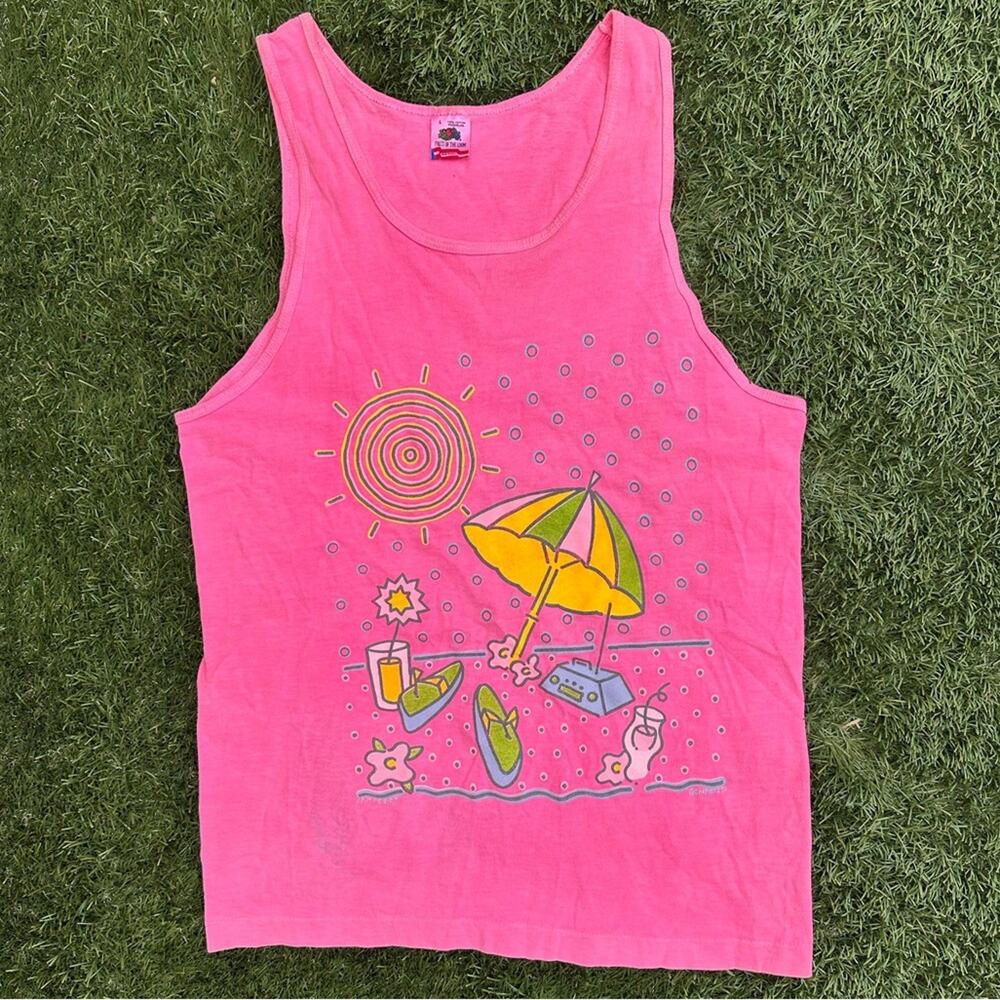 Vintage 90’s Single Stitch Neon Hot Pink Beach Tank Top Cover Up Shirt Dress Lrg